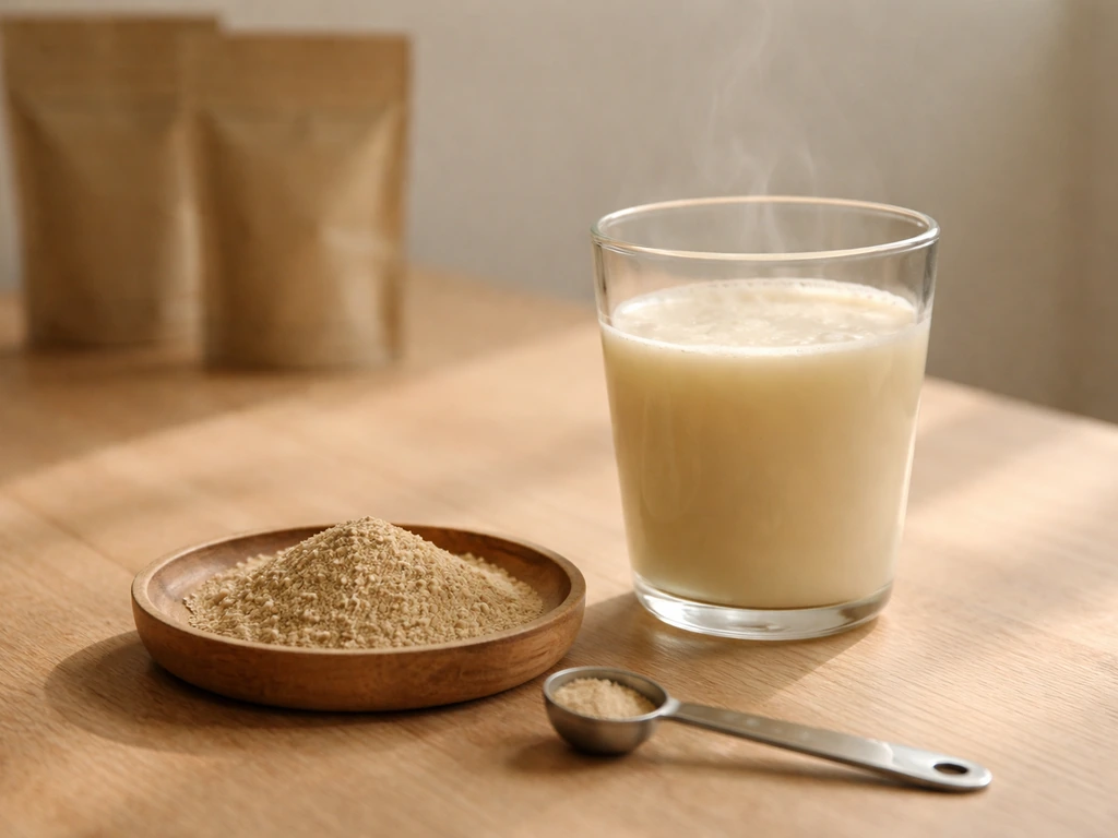Ayurvedic herbal powder in a tray with a spoon beside a glass of warm milk for supplement use