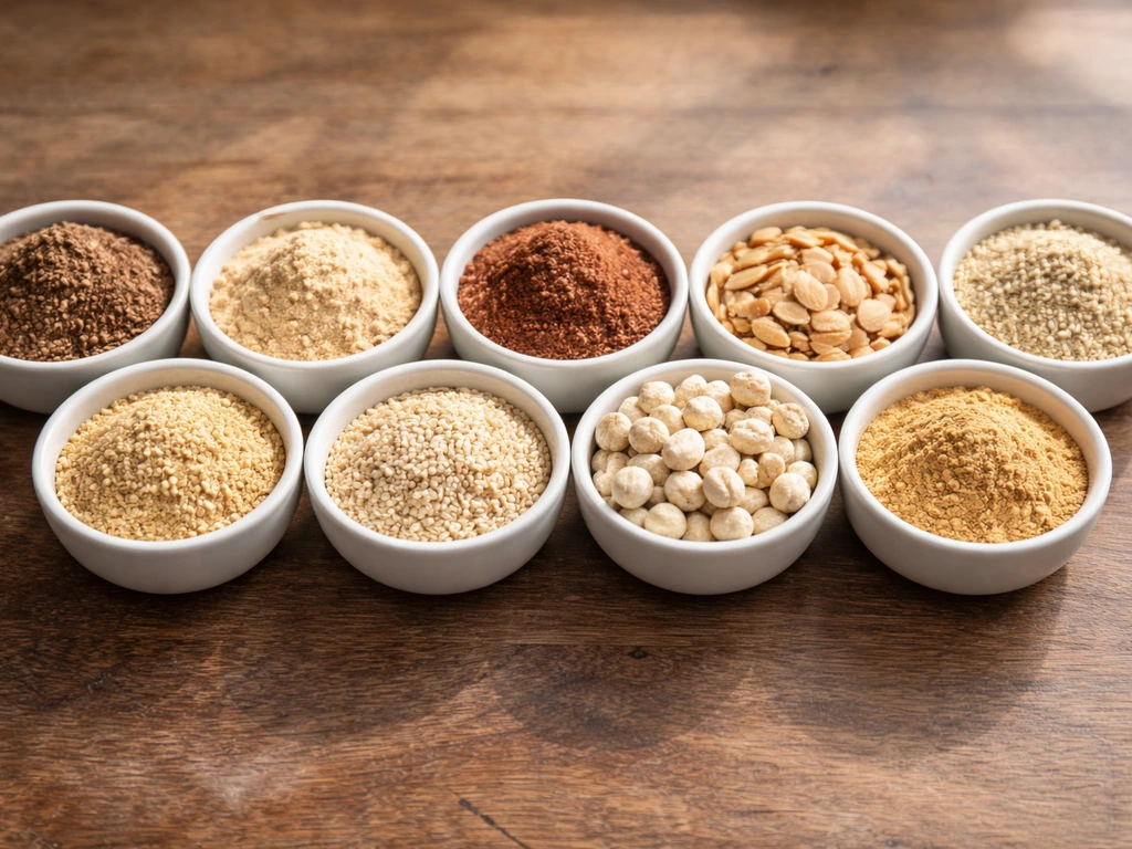 Close-up of bowls with loose supplement ingredients: ashwagandha, shatavari, safed musli, dates, almonds, sesame, makhan