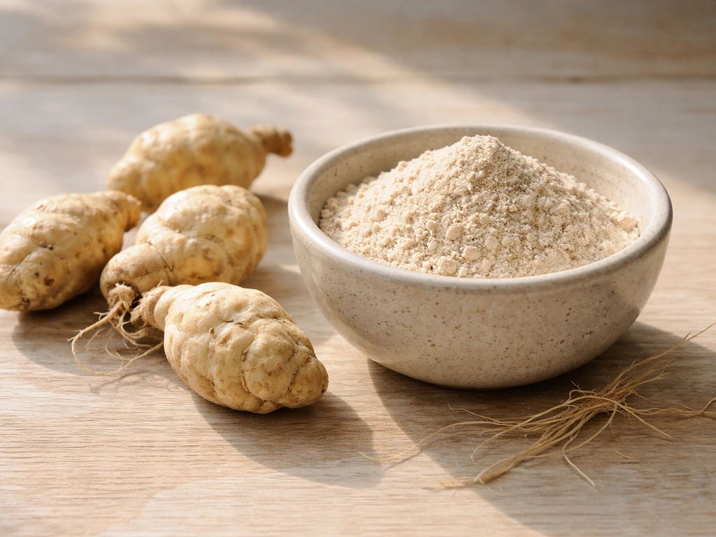 Safed musli tubers and a small bowl of fine powder on a rustic wooden surface