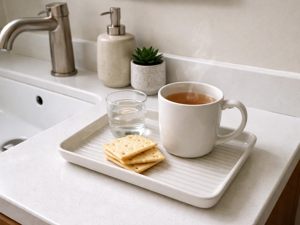 Bathroom sink tray with ginger tea, crackers, and a glass of water suggesting mild digestive side effects.