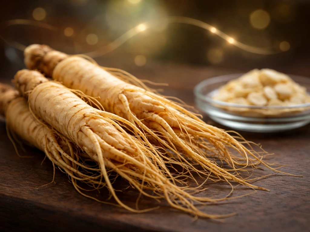 Close-up of ginseng roots with a small glass dish of pale powder on a dark wooden surface.