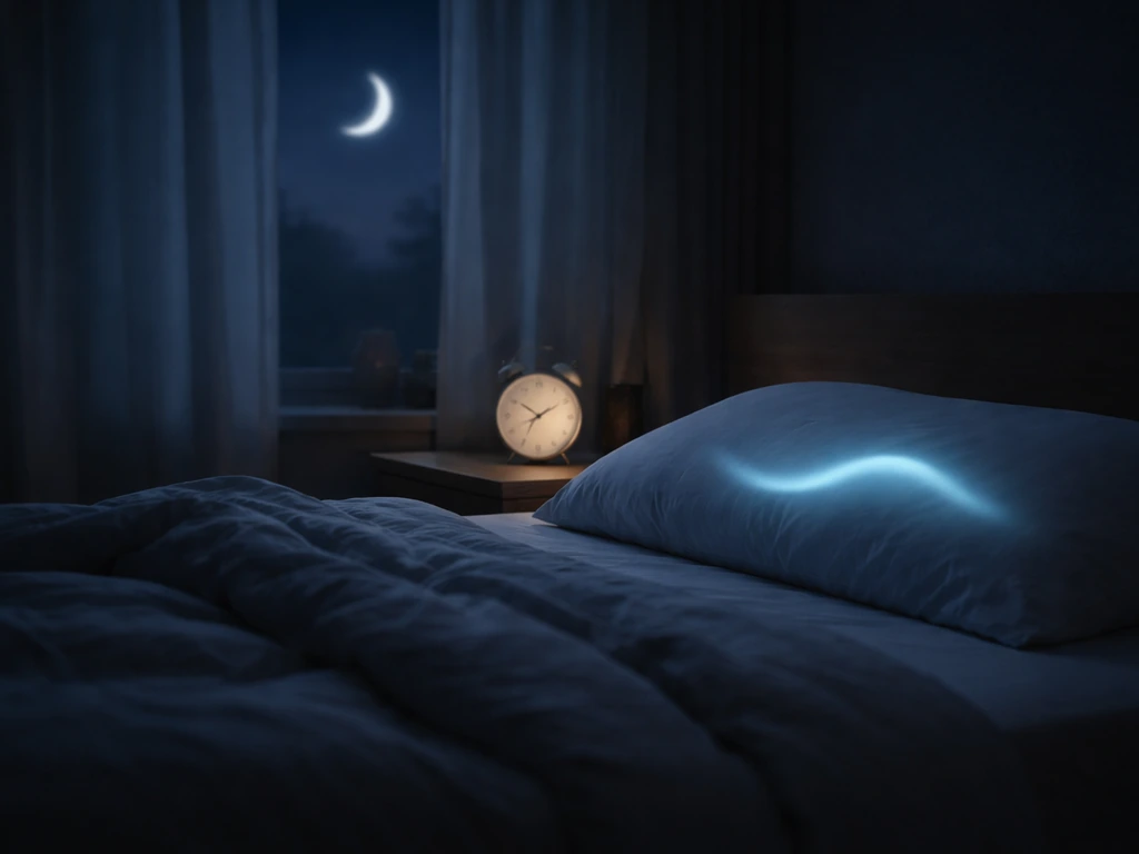 Minimal bedroom at night with moonlight and a soft wave-like glow near a bedside clock and pillow.