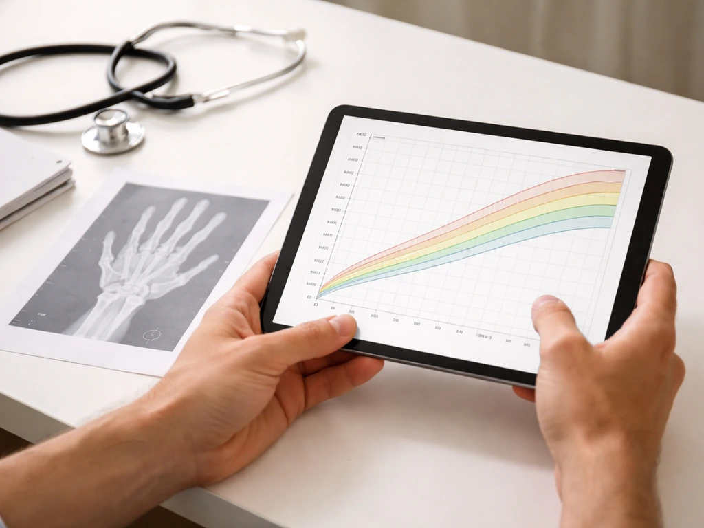 Parent reviewing a pediatric growth chart on a tablet next to a left hand/wrist X-ray-style silhouette