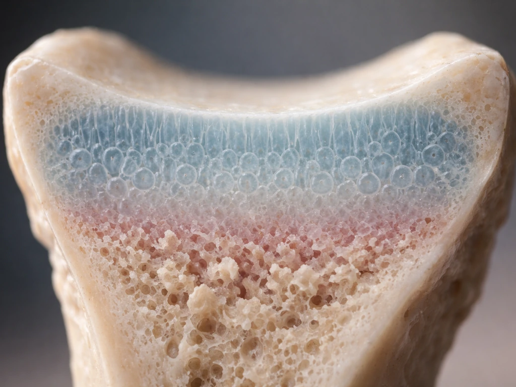 Close-up of a long bone growth plate showing cartilage and calcification zones in a realistic medical cross-section.