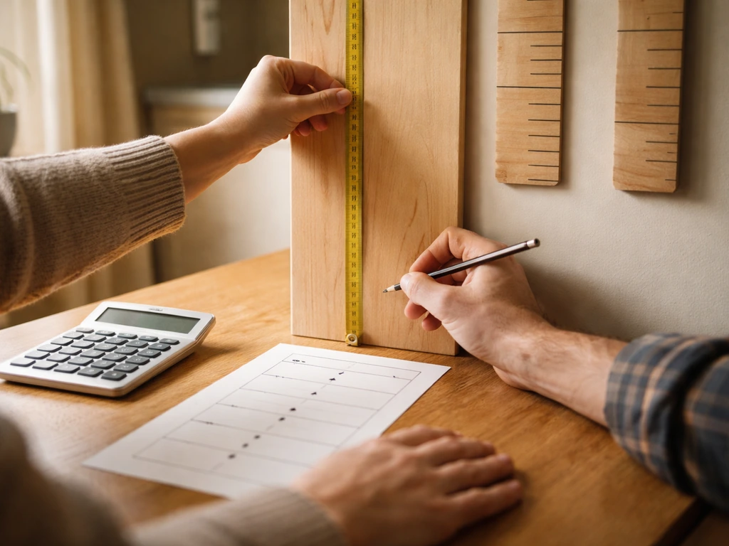 Anonymous hands measuring parent heights on a kitchen table beside blank chart paper and rulers.
