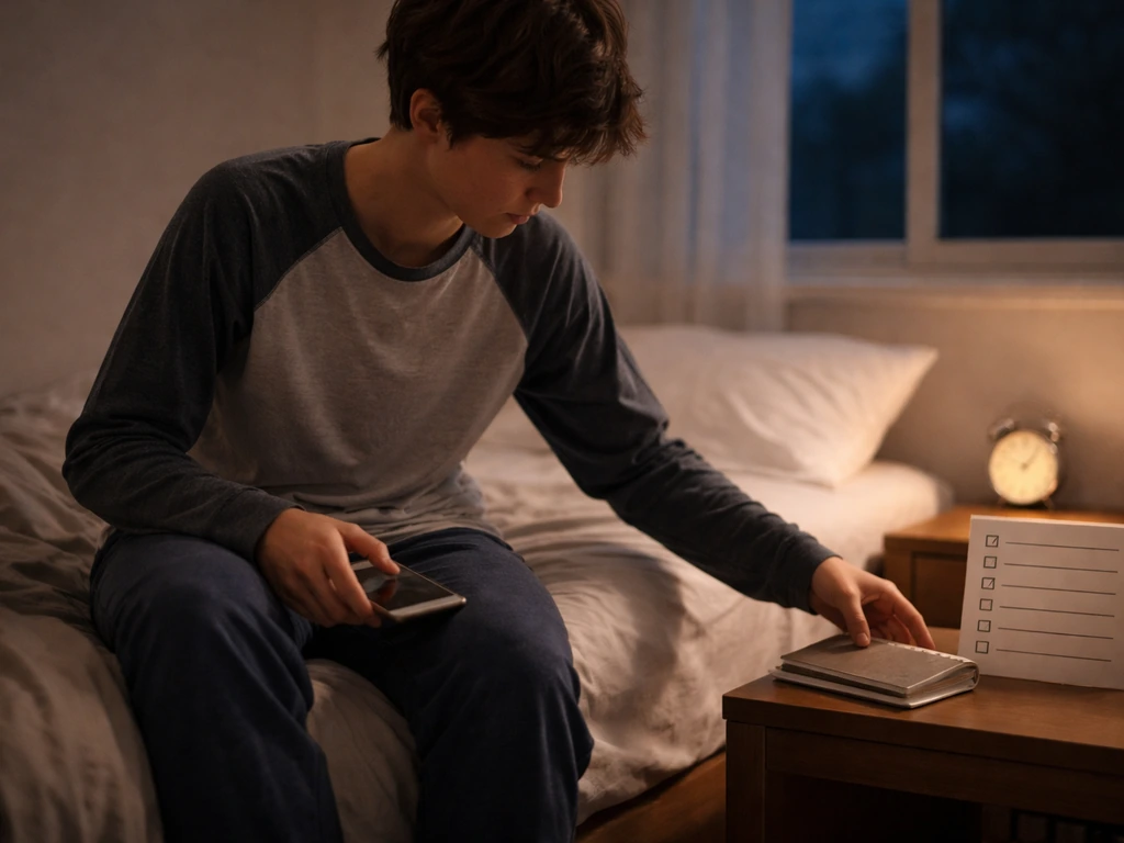 Young athlete in a quiet bedroom getting ready for sleep, with a calming bedtime routine and visible night window.
