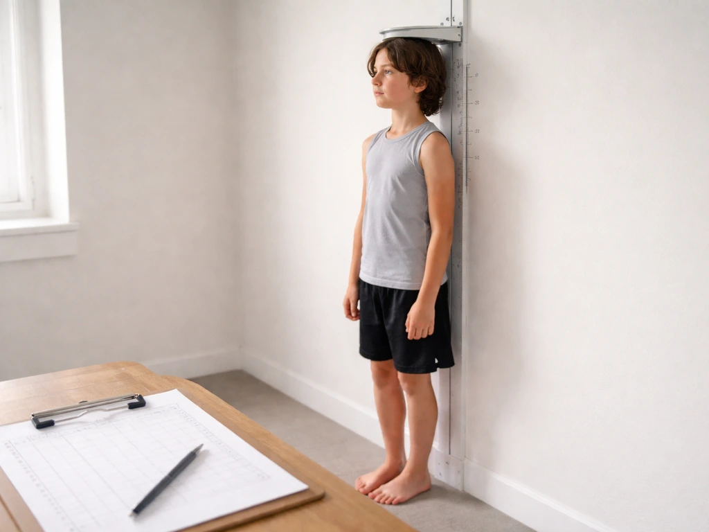 Youth athlete measuring height on a wall-mounted stadiometer with a simple date-based growth log nearby.