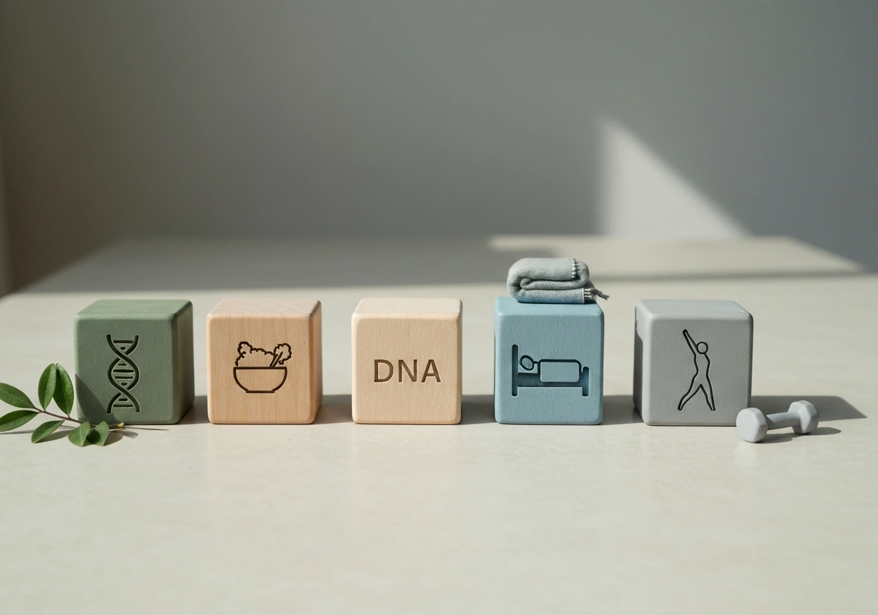 Four unlabeled blocks with subtle carved icons for genetics, nutrition, sleep, and exercise affecting height.