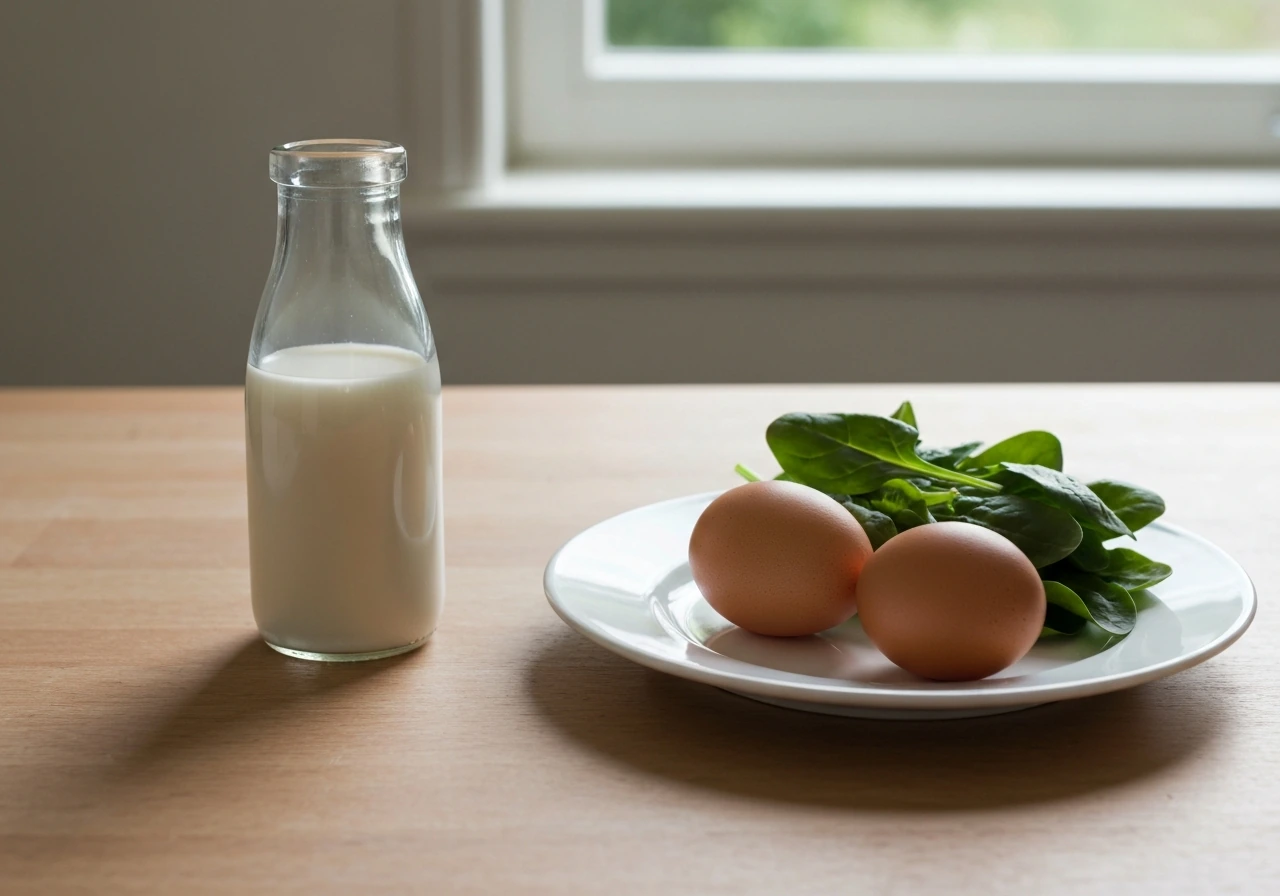 Minimal still life of milk, eggs, and leafy greens on a wooden table in natural light.