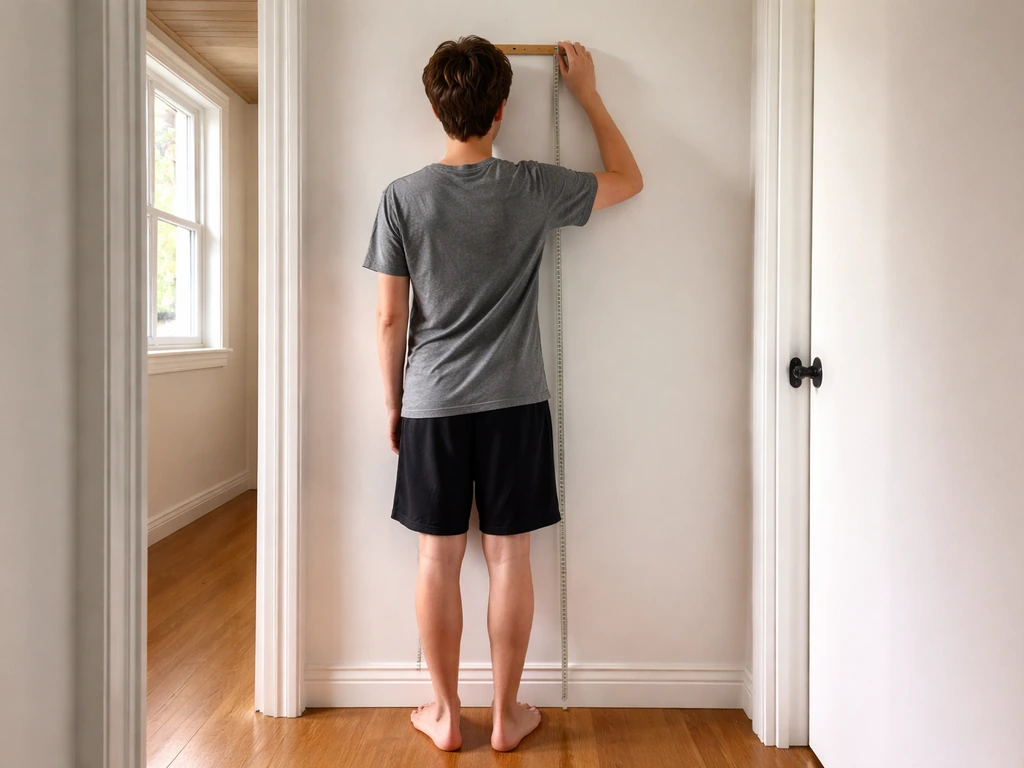 Anonymous person measuring height against a plain wall with a tape measure and ruler at home.