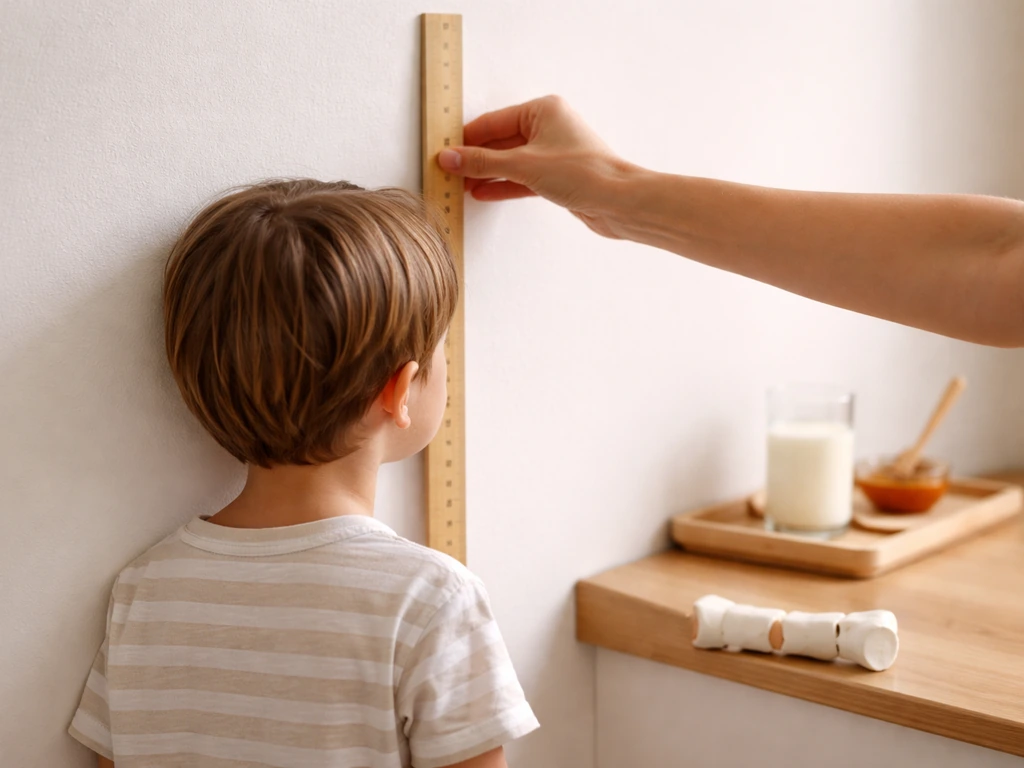 Person measuring height beside a simple yardstick with milk and honey in the background