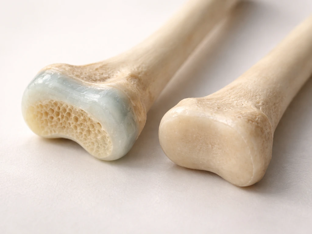 Close-up 3D-style medical visualization of open vs closed growth plates on a long bone in soft light