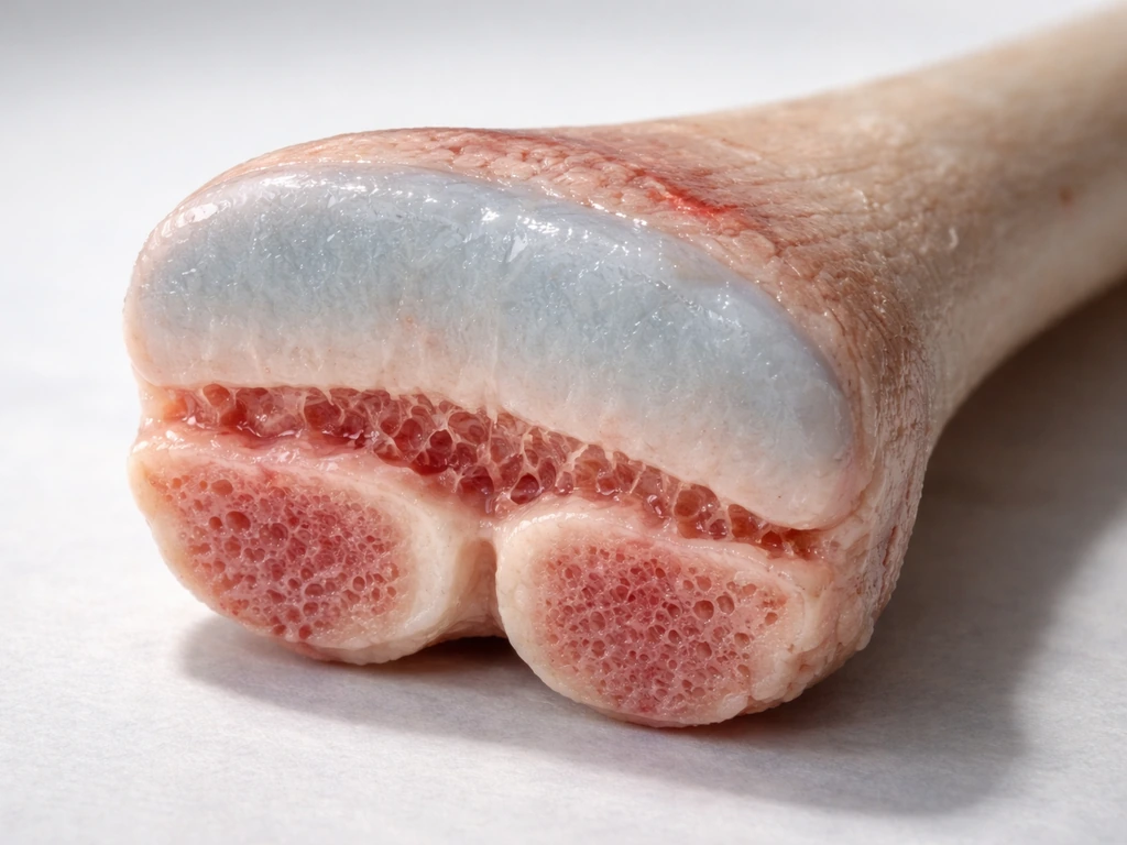 Close-up view of open growth plate cartilage near the end of a long bone, showing epiphyseal region