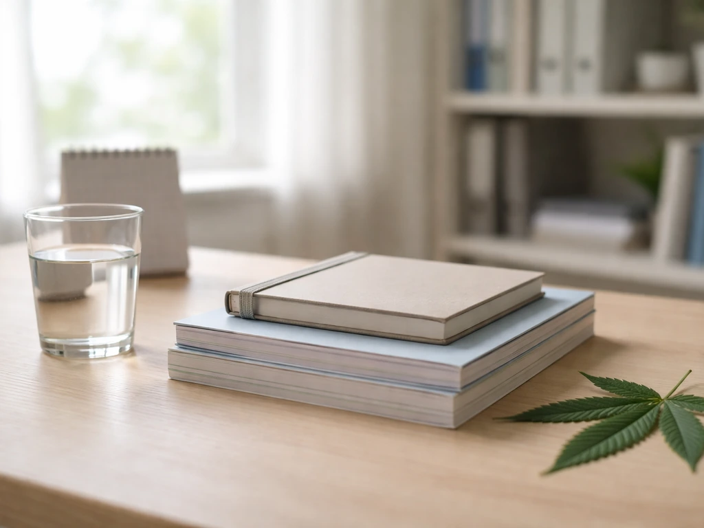 Minimal desk scene with journals, notebook, water glass, and a single cannabis leaf in soft daylight.