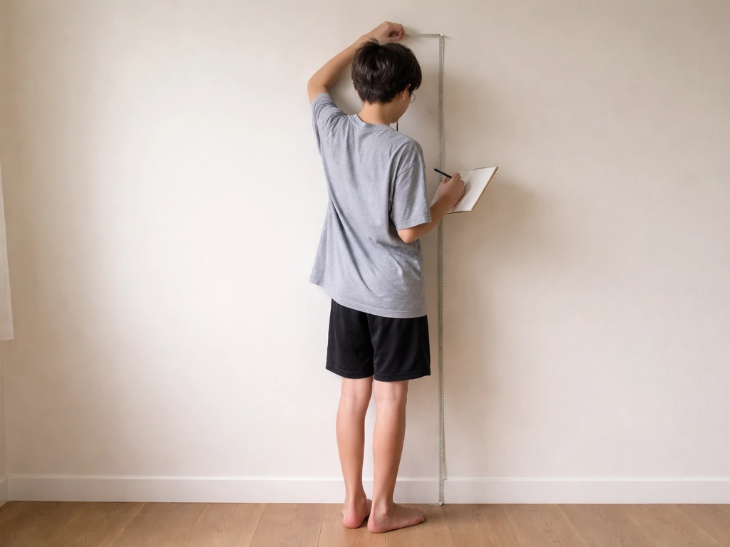 Teen measuring their height against a wall with a measuring tape, with a notebook for tracking.