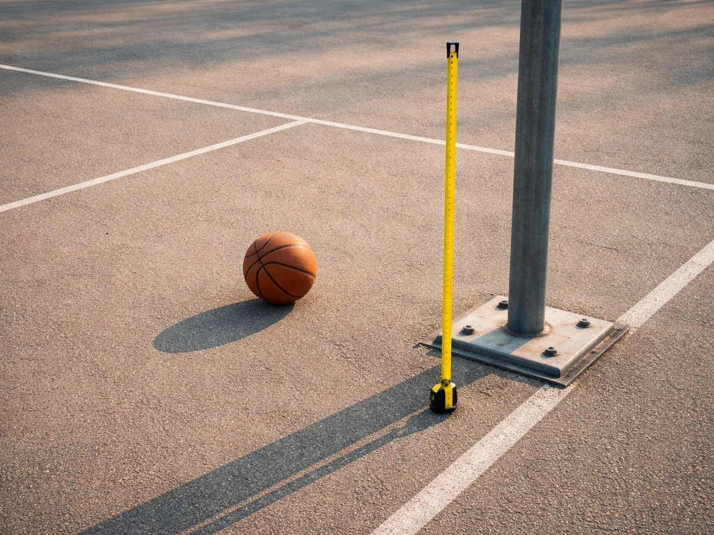 Overhead view of a basketball on court with a measuring tape stretched beside a pole, height-growth theme