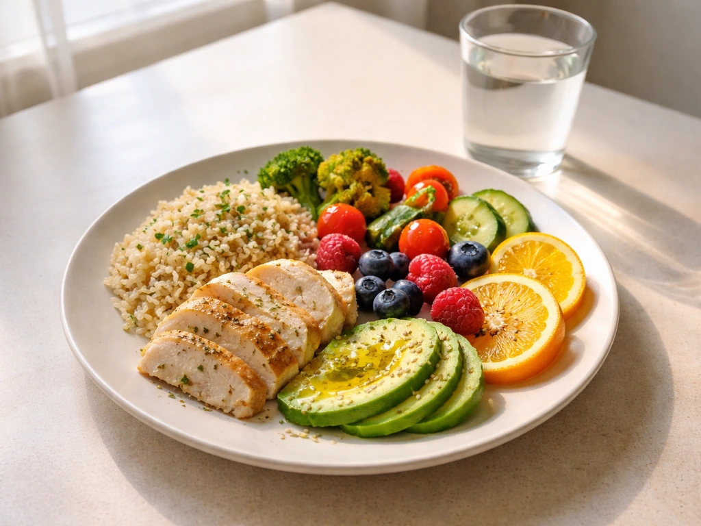 Plate of a balanced meal with whole grains, healthy fats, and colorful fruits/vegetables for a teen athlete