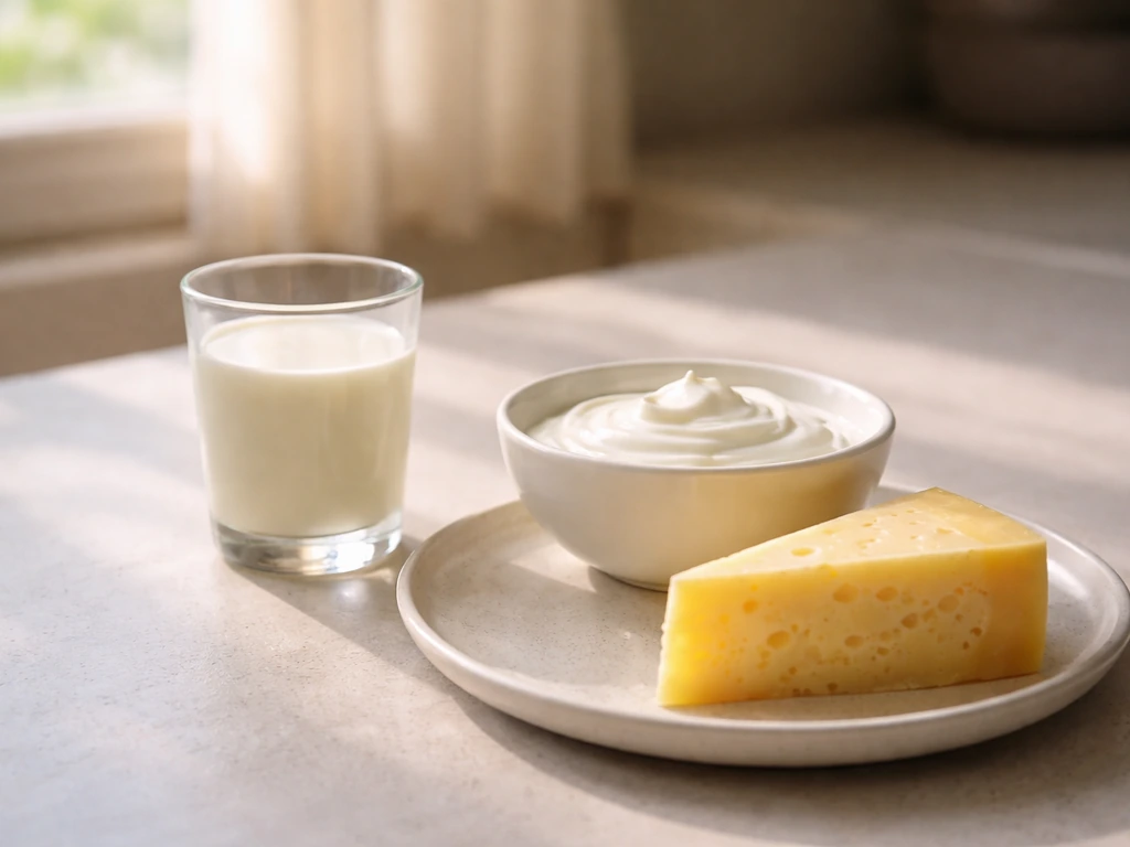 Still life of milk, yogurt, cheese, and sunlight through a window symbolizing calcium and vitamin D