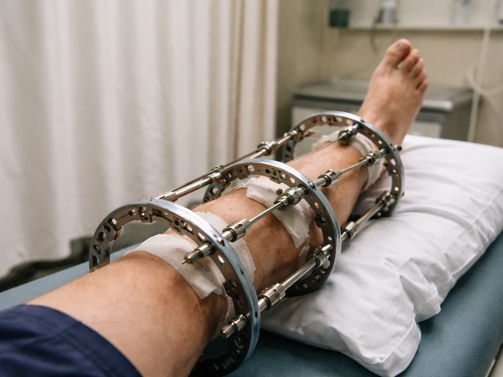 Clinical orthopedic scene with a lower limb wearing limb-lengthening external fixator hardware.