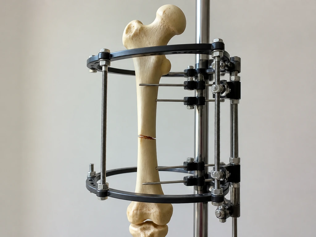 Medical illustration-like photo showing an external fixator near a femur with osteotomy context