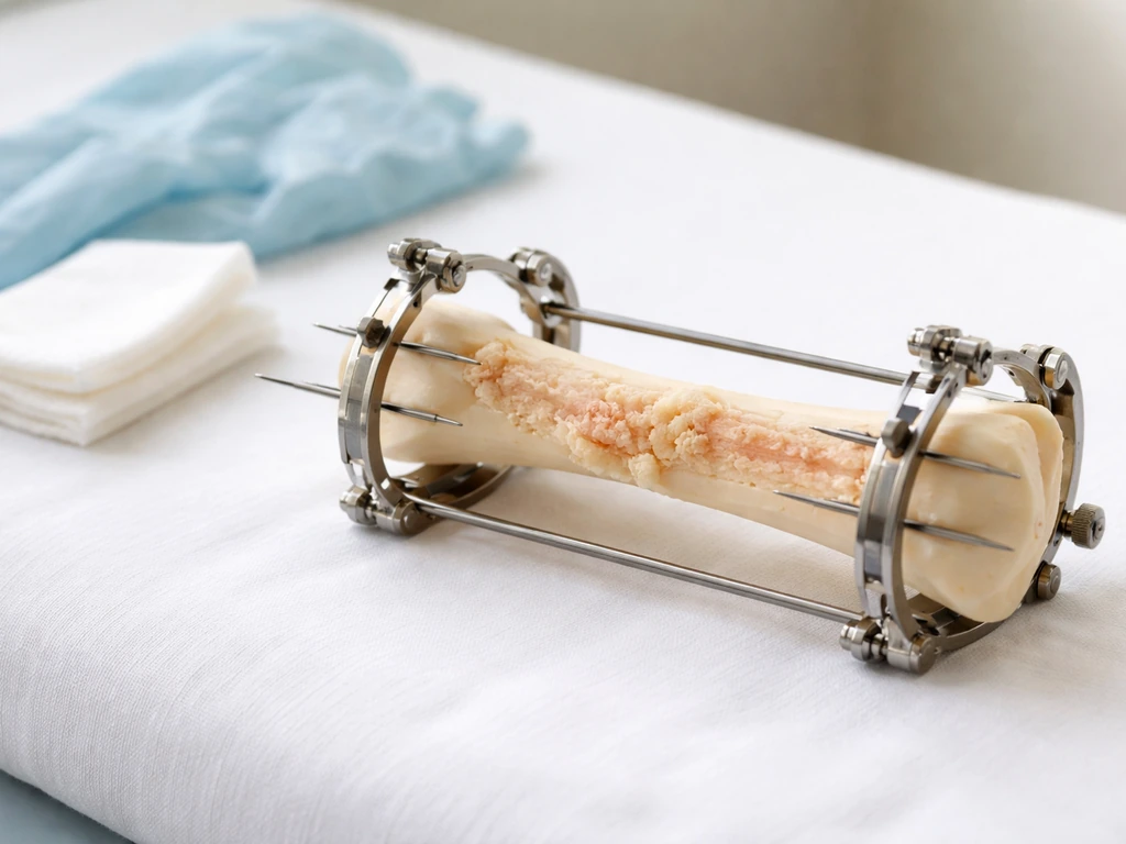 Close-up of orthopedic external fixator hardware on a clinic table with a conceptual bone regrowth model.