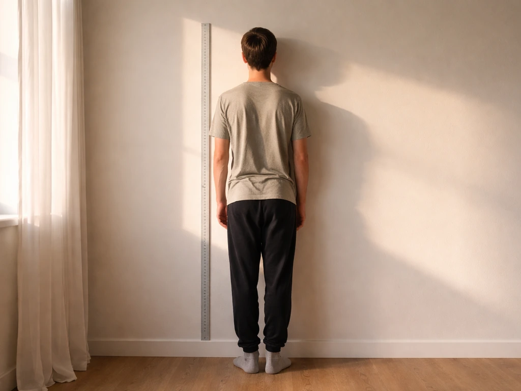 Ruler on wall beside a standing person, sunlight through window, calm bone-health mood.