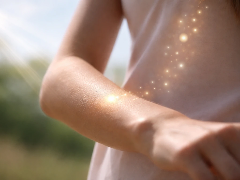 Sunlight UV-B rays hitting bare skin, showing a simple vitamin D conversion flow to active form.