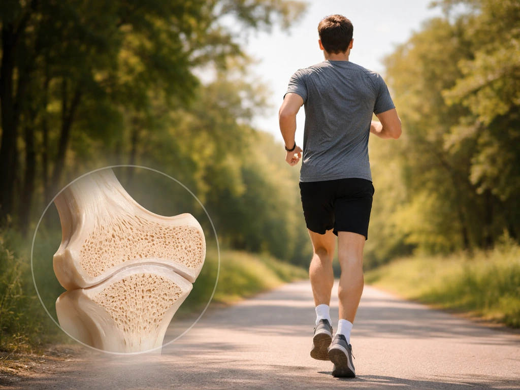 Adult jogging outdoors beside a subtle anatomical view suggesting closed growth plates, emphasizing bone health