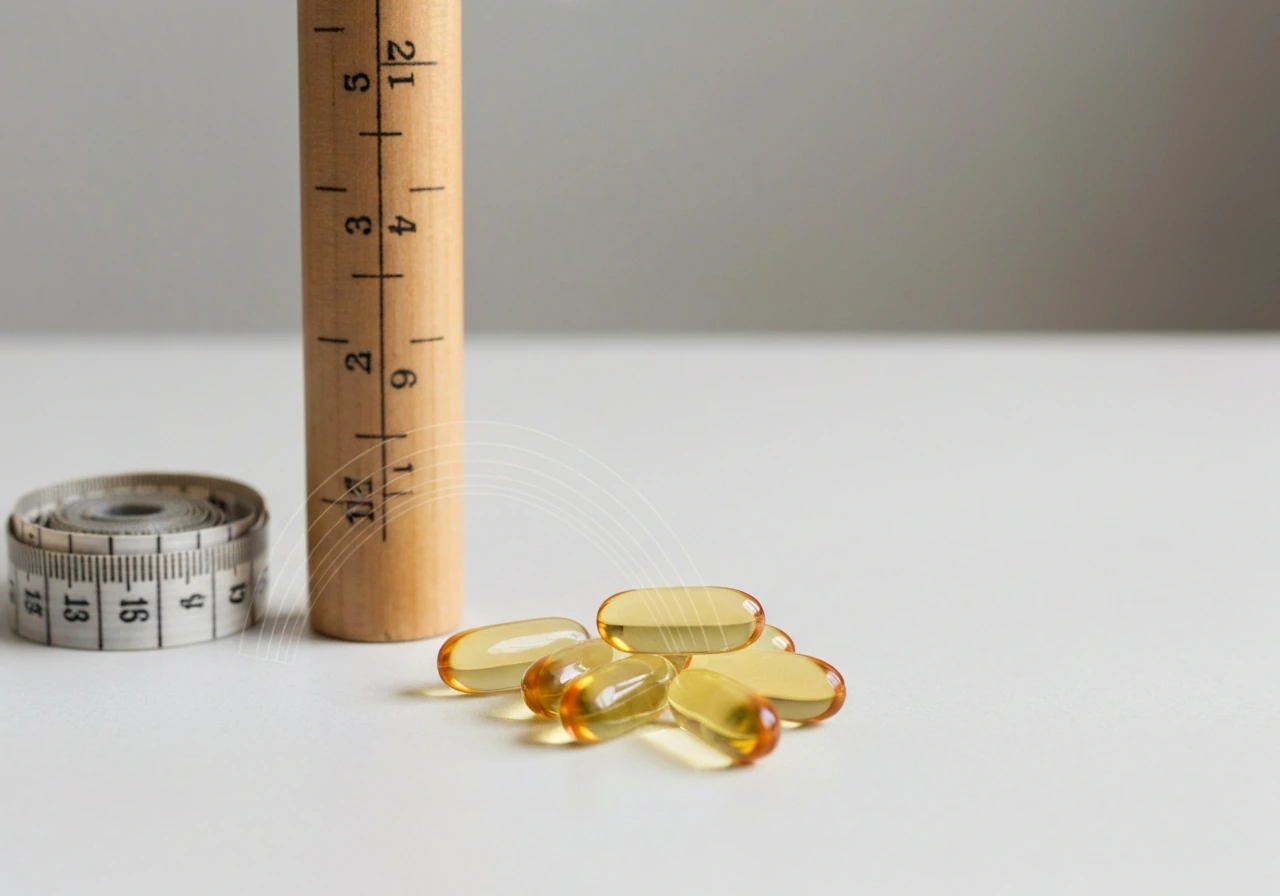 Measuring rod and tape next to fish oil capsules with a faint growth-plate overlay concept.