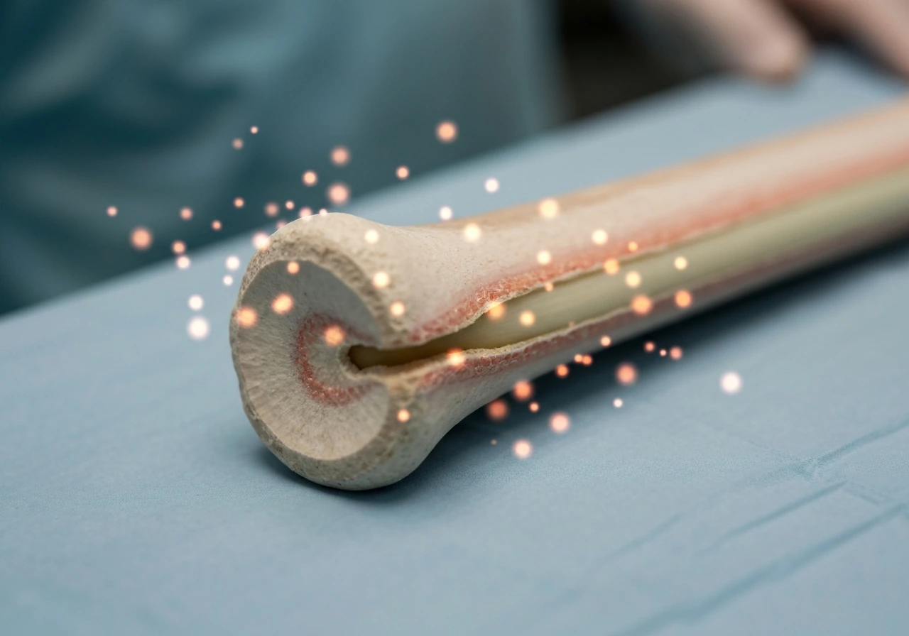 Close-up realistic view of growth plate cartilage at a long bone end under soft clinical lighting