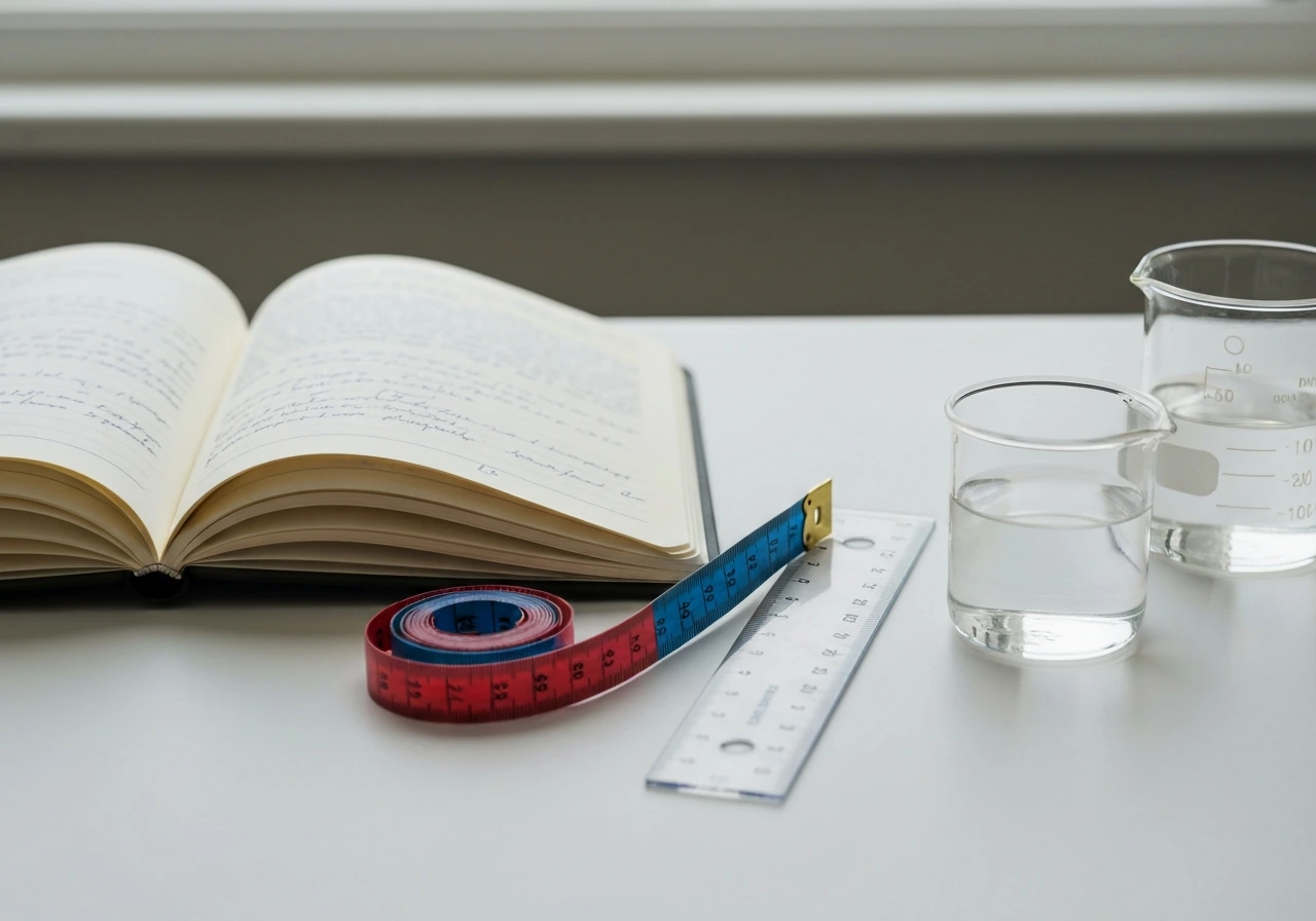 Minimal tabletop research setup with measuring tape and clear beakers under natural light.