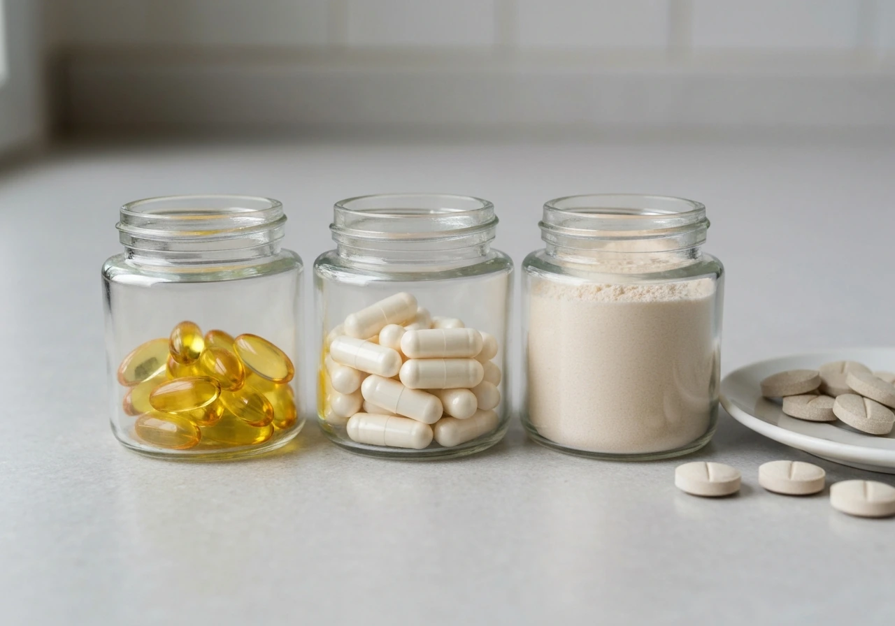 Three unlabeled jars of omega-3, vitamin D, and protein powder on a clean countertop beside calcium tablets.