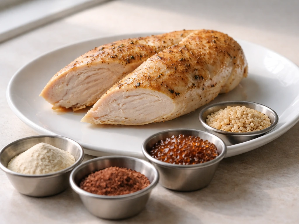Cooked chicken breast on a white plate with small unbranded bowls of nutrient ingredients beside it.