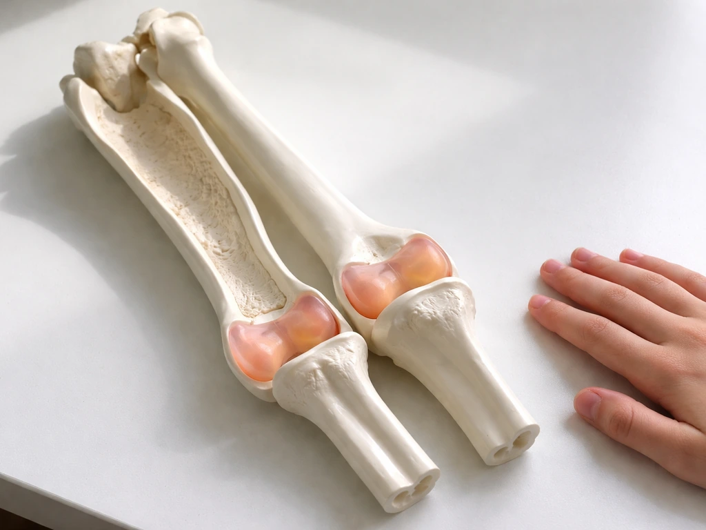 Close-up of a lower-leg bone model highlighting a growth plate to show height depends on growth plates.