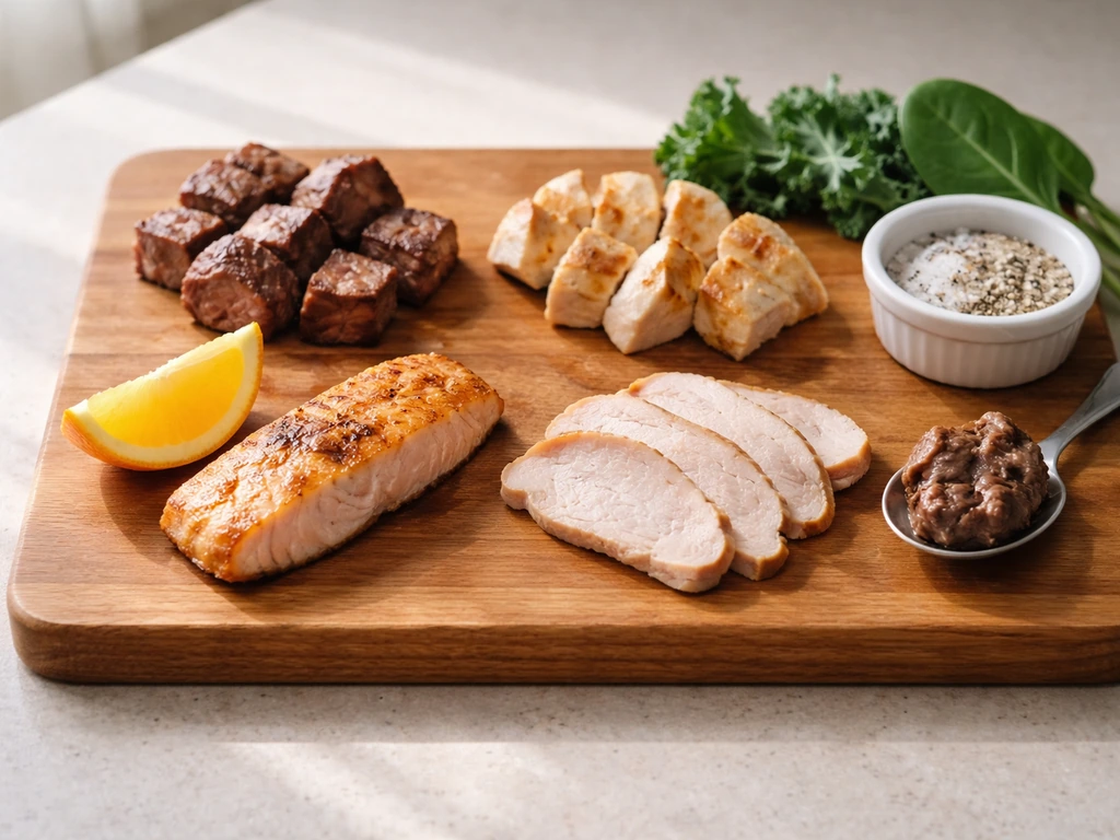Minimal photo of cooked meat foods on a wooden board, arranged simply to suggest nutrient sources.