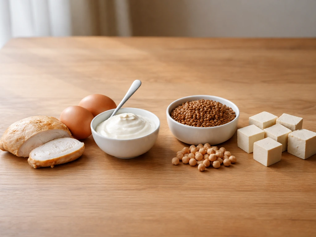 Minimal spread of meat and plant-based protein foods on a table, side-by-side comparison mood