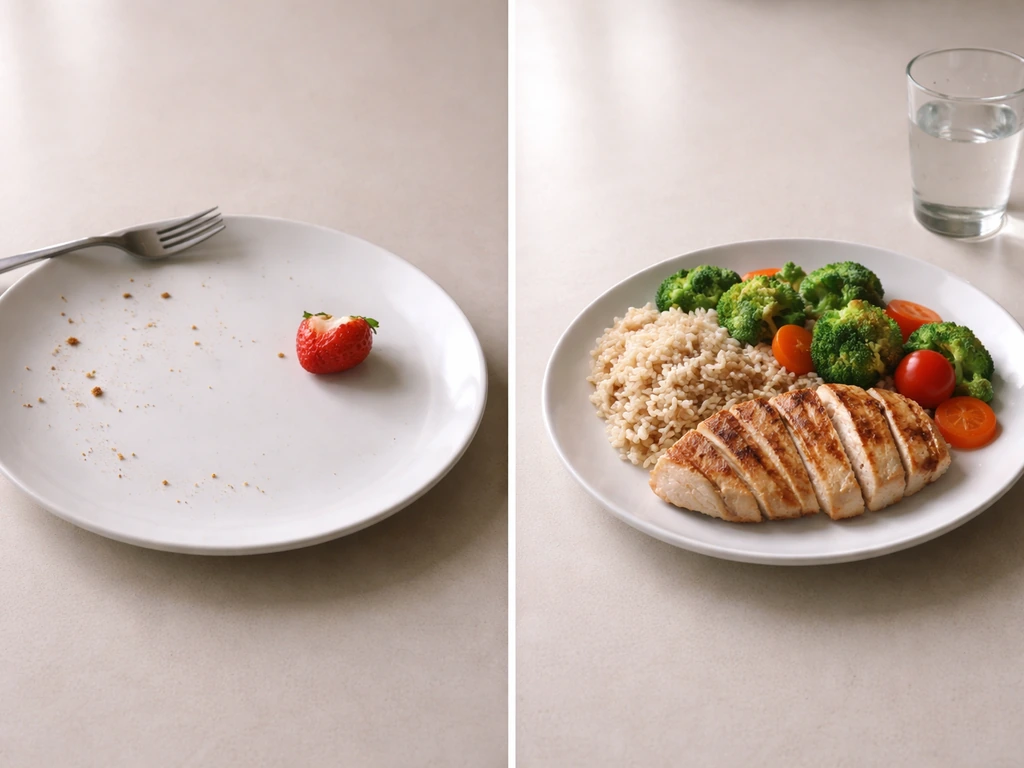 Split image of an empty plate and a balanced meal showing protein and energy intake.