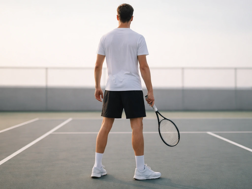 Anonymous tennis player in an upright stance on court, emphasizing posture and height perception.