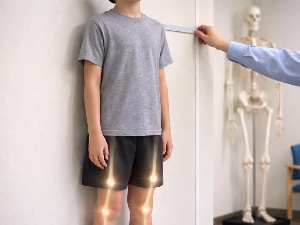 Teen being measured for height in a clinic, with a subtle glow hinting at growth plates and puberty.