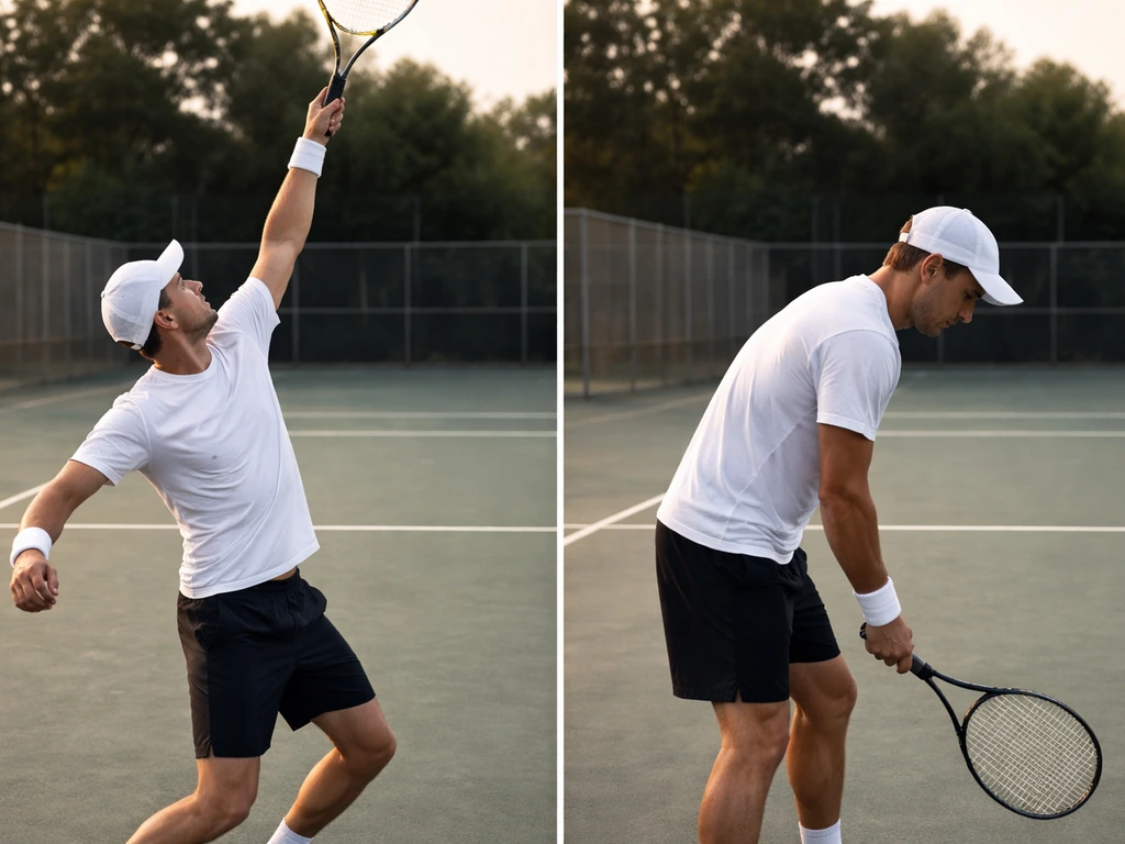 Split image of tennis posture: upright overhead reach on one side, slouched posture on the other.