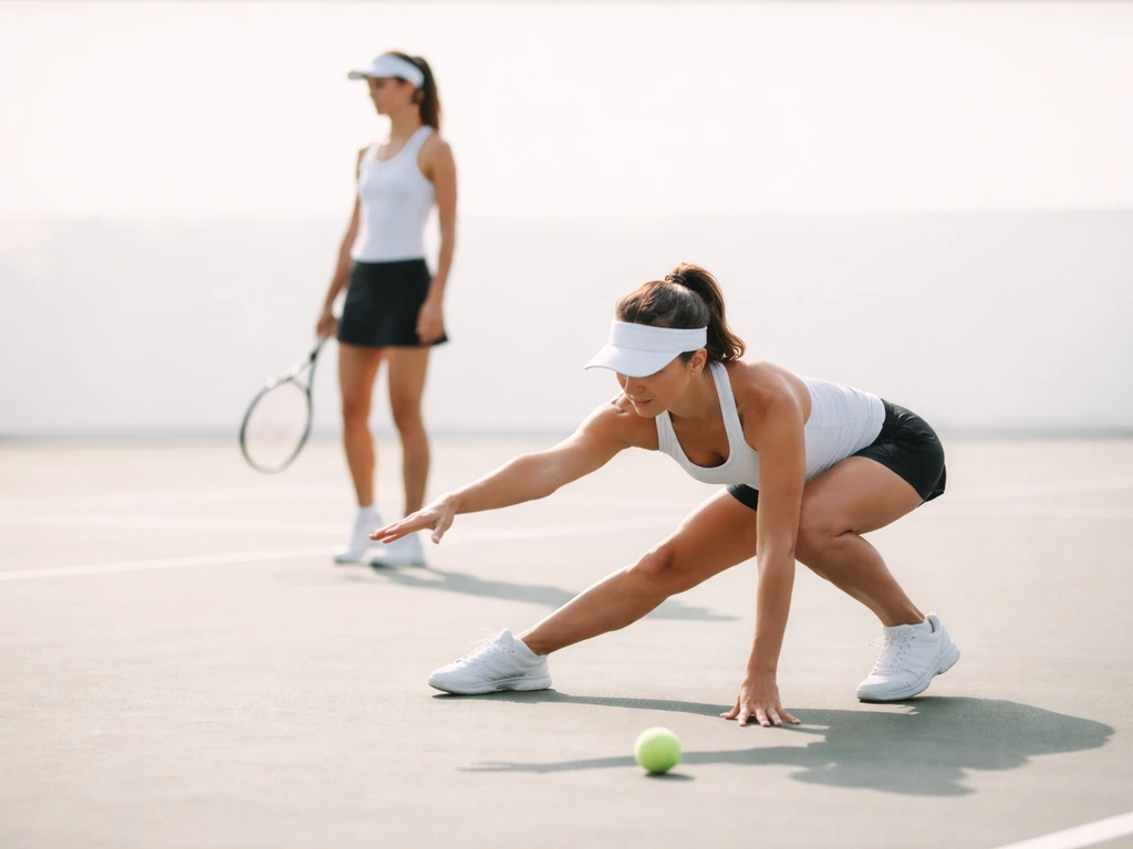 Tennis player doing a low reaching stretch on court beside a tennis ball, illustrating the stretching myth