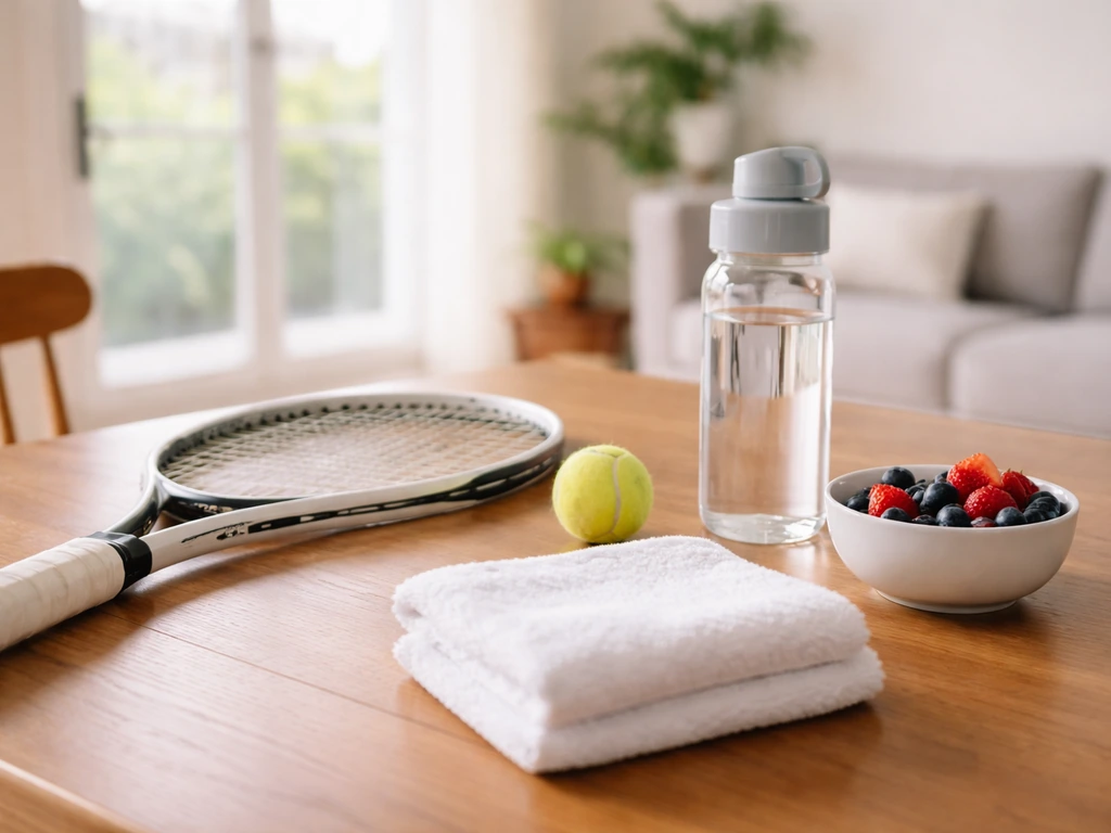 Tennis gear and a simple healthy routine setup on a home table with water bottle and fruit