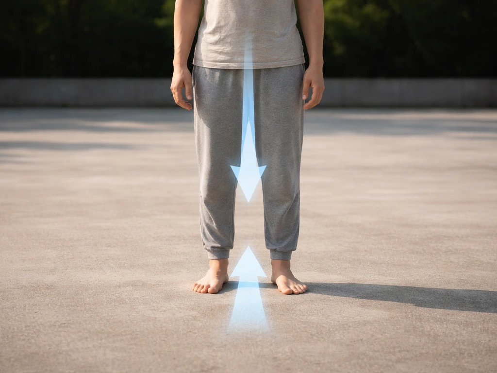 Person standing on ground with a conceptual arrow showing body weight pushing down on Earth