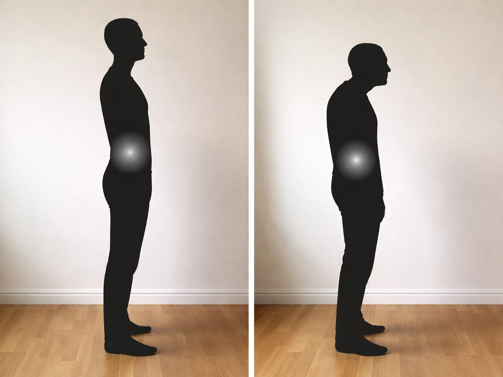 Side-by-side anonymous adult showing neutral vs slouched posture with a subtle center-of-mass marker.