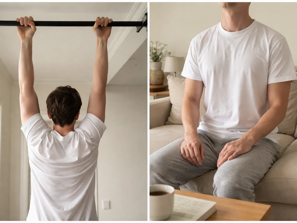 Hands on a pull-up bar beside a seated upright posture, showing temporary vs non-permanent height change.