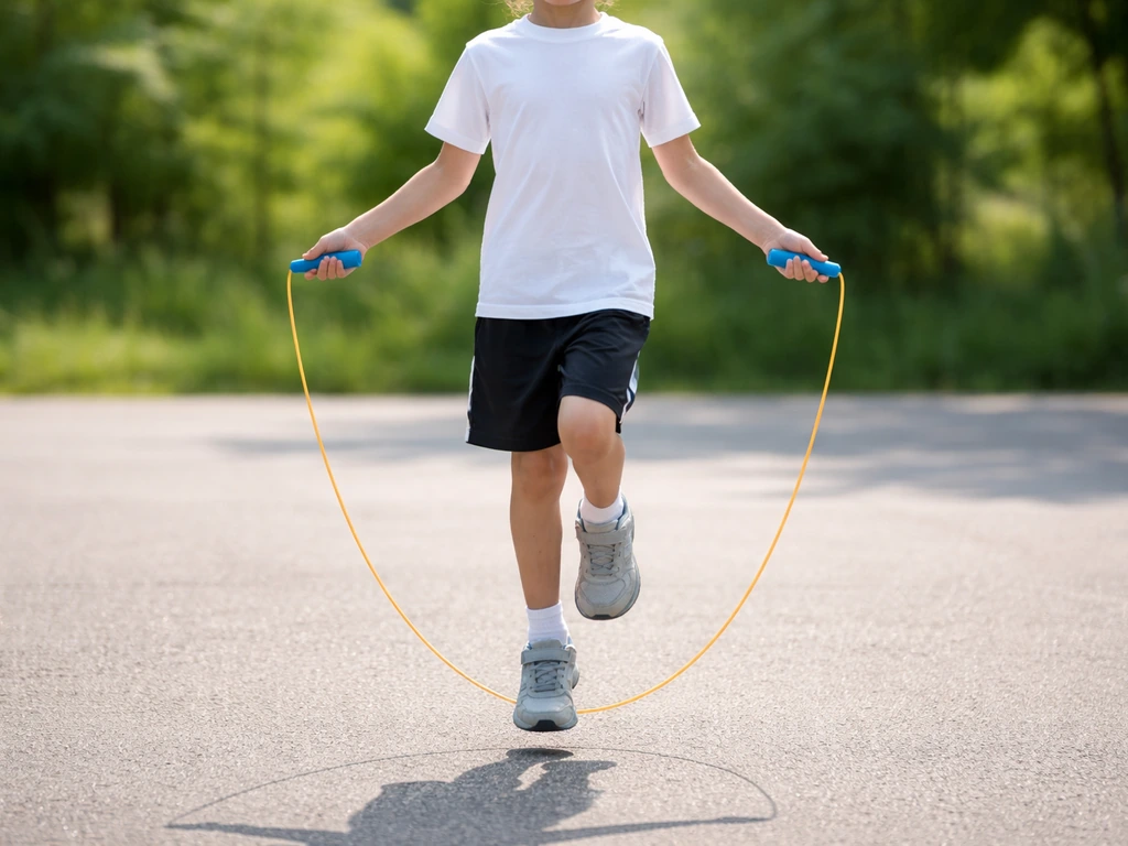 Child standing upright using a jump rope in a simple bright outdoor setting