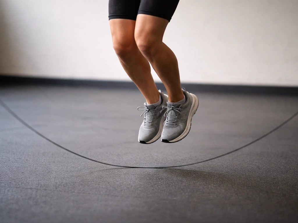 Person jumping rope with feet off the ground on a gym floor, showing impact and weight-bearing.