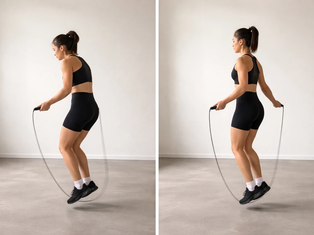 Split-scene photo showing upright vs rounded-back posture while jumping rope