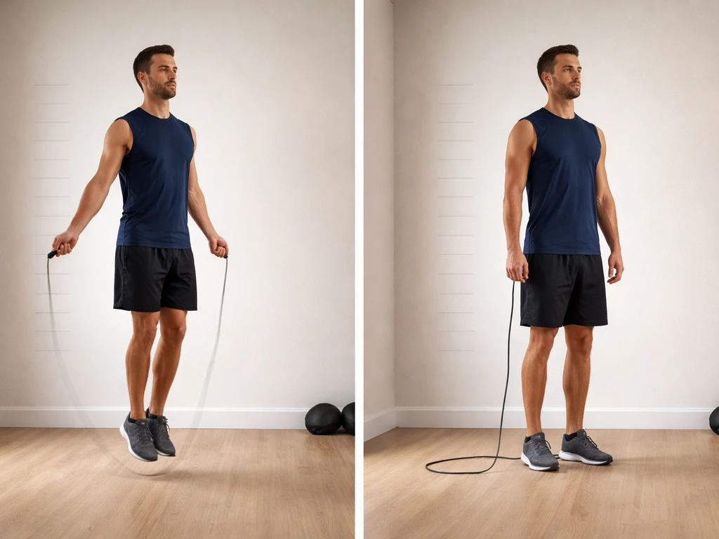 Side-by-side photo showing jump-rope posture change versus neutral stance, implying no height stretching.