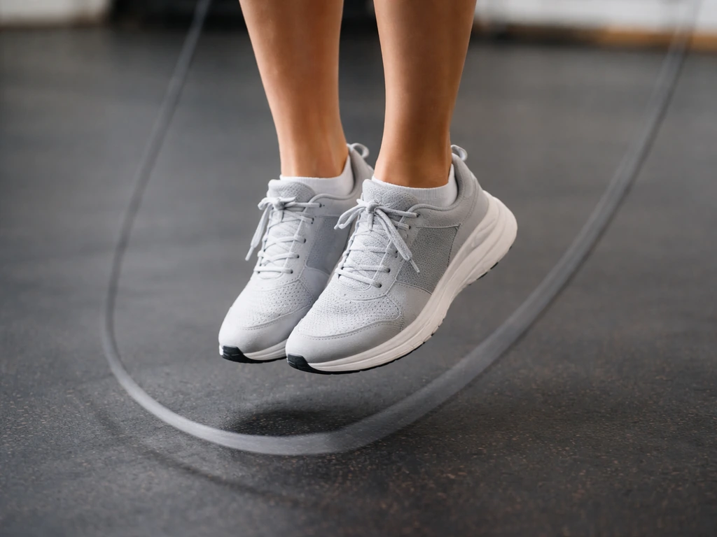 Close-up of feet landing softly on the balls with knees slightly bent during jump rope
